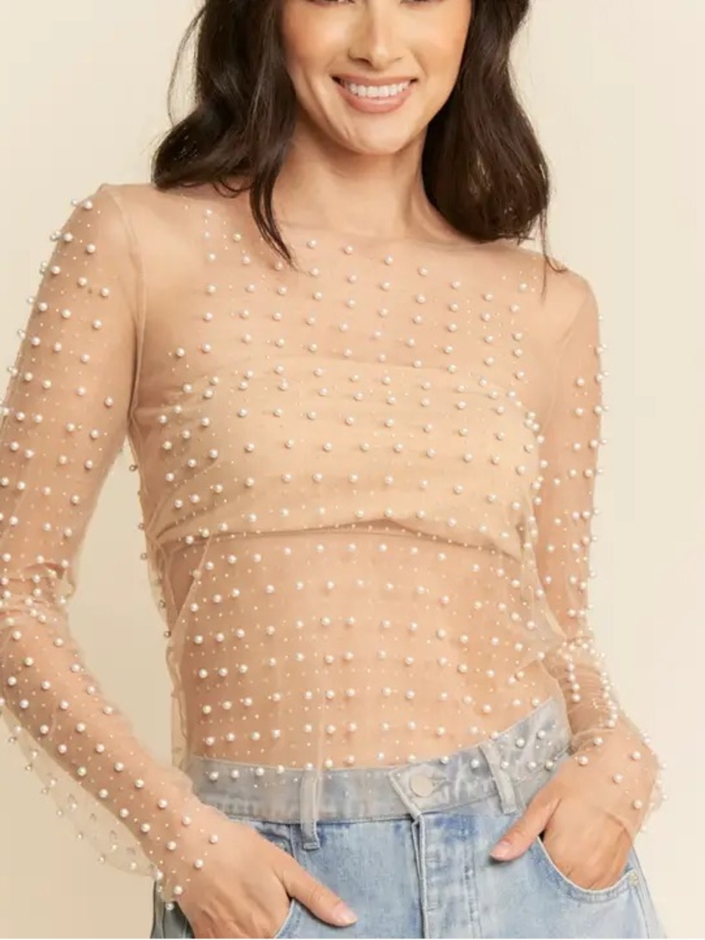 NWT SHEER EMBELLISHED NUDE LONG SLEEVE TOP ✨